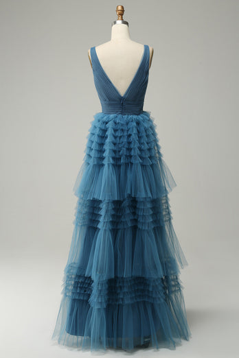 Une ligne V-col bleu robe de soirée longue avec dos ouvert