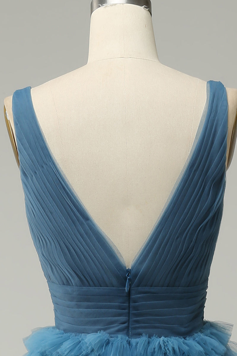 Charger l&#39;image dans la galerie, Une ligne V-col bleu robe de soirée longue avec dos ouvert