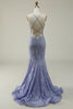Charger l&#39;image dans la galerie, Halter sirène violet dentelle longue robe de Soirée