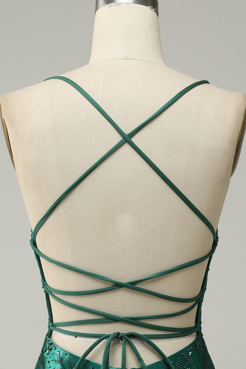 Charger l&#39;image dans la galerie, Robe de soirée Moulante perlée vert foncé avec Dos croisé