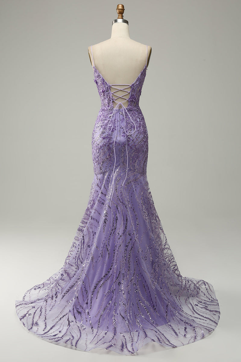 Charger l&#39;image dans la galerie, Sirène Bretelles Spaghetti Robe de soirée violette avec perles