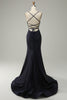 Charger l&#39;image dans la galerie, Robe de soirée bleu marine sans bretelles avec décolleté en cœur et perles