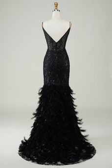 Robe de Soirée longue paillettes sirène noire scintillante avec plumes