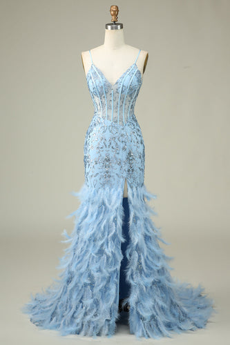 Sirène bretelles spaghetti bleu longue robe de Soirée avec plumes