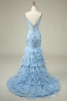 Sirène bretelles spaghetti bleu longue robe de Soirée avec plumes