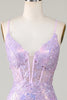 Charger l&#39;image dans la galerie, Bretelles spaghetti sirène scintillantes Robe de Soirée corset violette avec fente