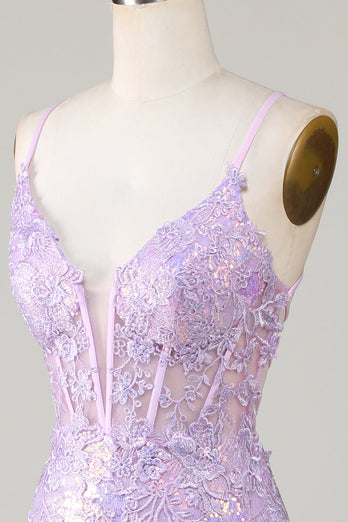 Bretelles spaghetti sirène scintillantes Robe de Soirée corset violette avec fente