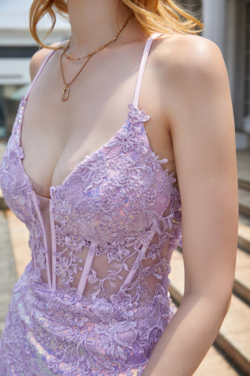 Charger l&#39;image dans la galerie, Robe de bal Corset Appliques Violettes Scintillantes avec Fente