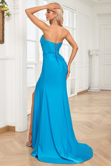 Sirène chérie bleu longue robe de soirée avec devant fendu