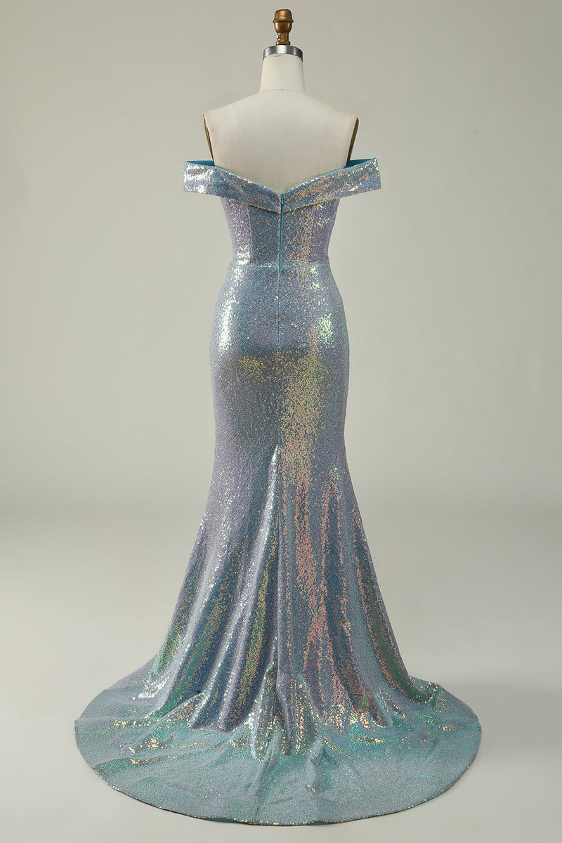 Charger l&#39;image dans la galerie, Robe de Soirée bleu sirène scintillante à l’épaule avec fente