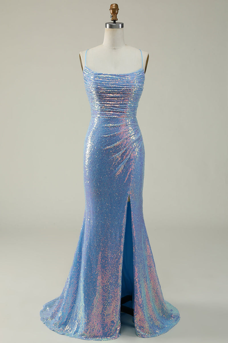 Charger l&#39;image dans la galerie, Sangles Spaghetti à paillettes bleues Robe de Soirée Sirène