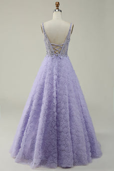 Une robe de Soirée longue violette à col V avec fleurs 3D