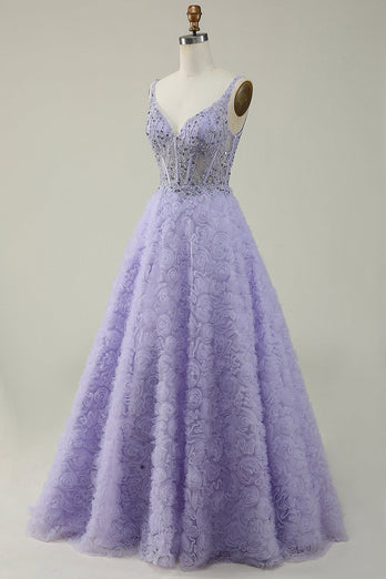 Une robe de Soirée longue violette à col V avec fleurs 3D