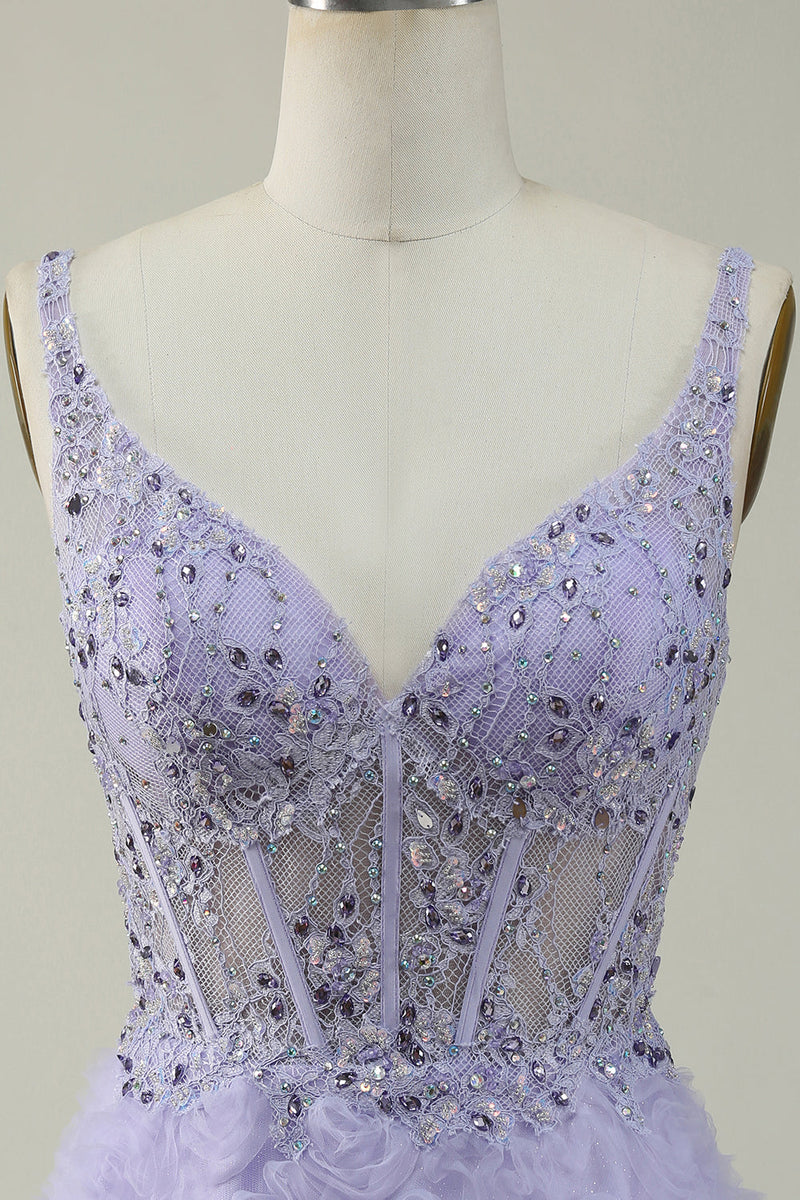 Charger l&#39;image dans la galerie, Une robe de Soirée longue violette à col V avec fleurs 3D