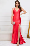 Robe de Soirée rouge longue sans manches sans manches profonde avec fente