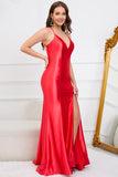 Robe de Soirée rouge longue sans manches sans manches profonde avec fente