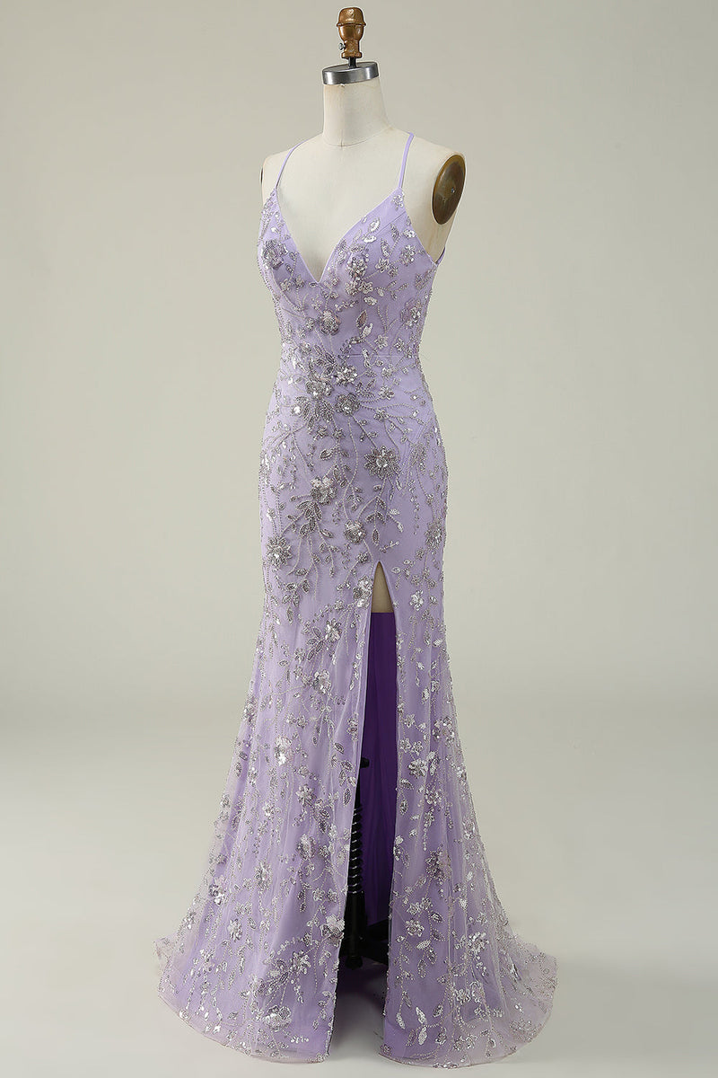 Charger l&#39;image dans la galerie, Sirène Spaghetti Strattes Purple Long Soirée Robe avec Perles