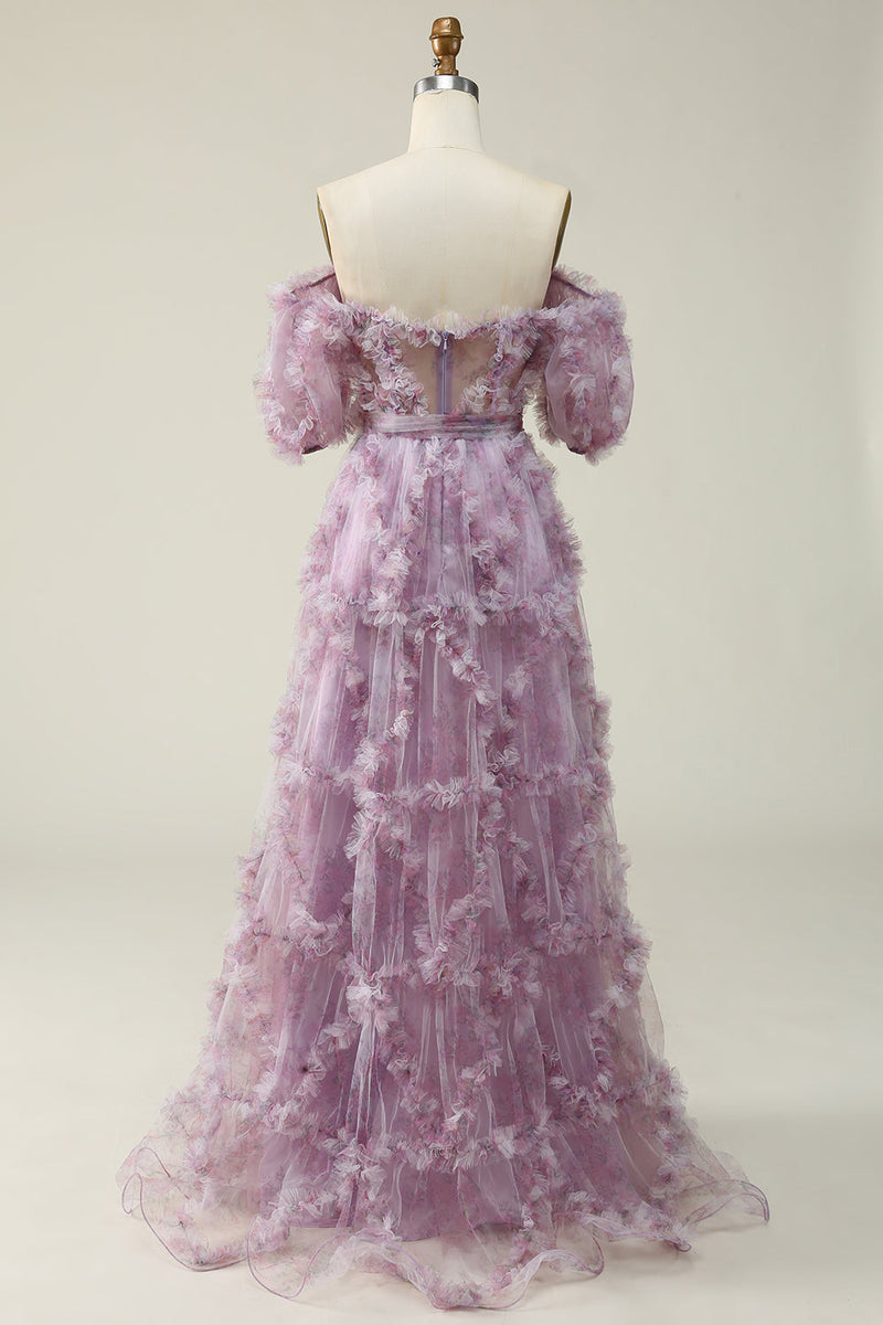 Charger l&#39;image dans la galerie, Une ligne de l’épaule Robe de Soirée longue violette avec impression