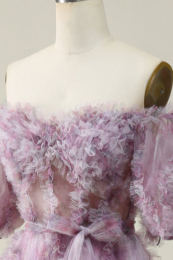 Une ligne de l’épaule Robe de Soirée longue violette avec impression