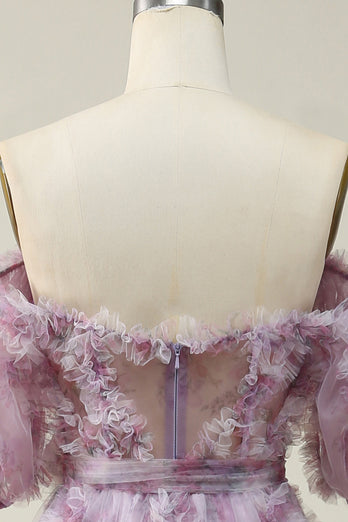Une ligne de l’épaule Robe de Soirée longue violette avec impression