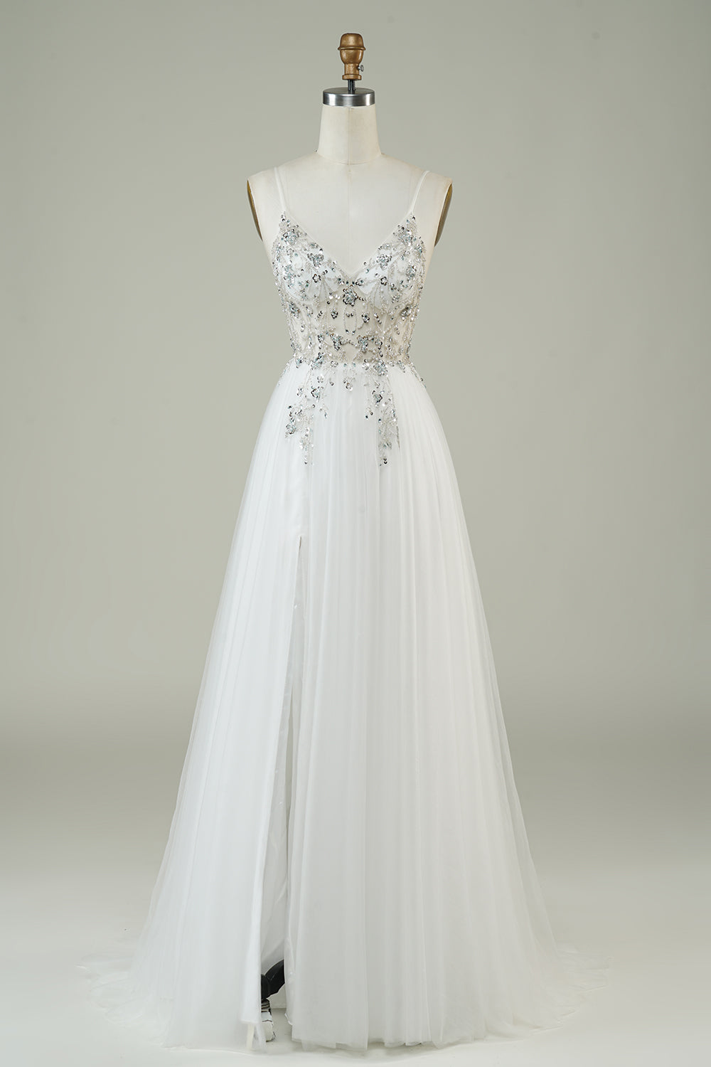 Magnifique Robe de mariée longue en tulle blanc à bretelles spaghetti avec perles