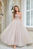 Glitter Blush A-Line Tulle Long Bal Robe avec dentelle