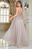 Glitter Blush A-Line Tulle Long Bal Robe avec dentelle