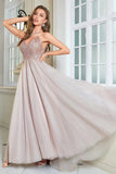 Glitter Blush A-Line Tulle Long Bal Robe avec dentelle