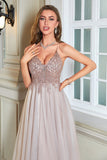 Glitter Blush A-Line Tulle Long Bal Robe avec dentelle