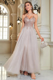 Glitter Blush A-Line Tulle Long Bal Robe avec dentelle