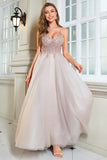 Glitter Blush A-Line Tulle Long Bal Robe avec dentelle