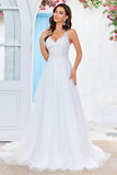 Col en V ivoire Tulle Sweep Train A Line Robe de mariée avec dentelle