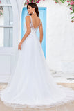 Col en V ivoire Tulle Sweep Train A Line Robe de mariée avec dentelle