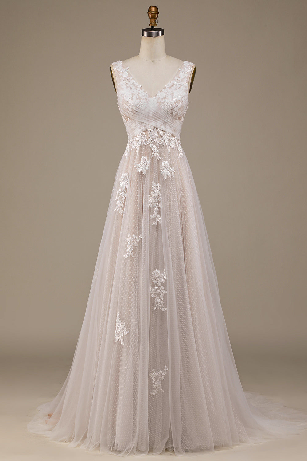 Apricot Tulle Sweep Train Robe de mariée avec dentelle