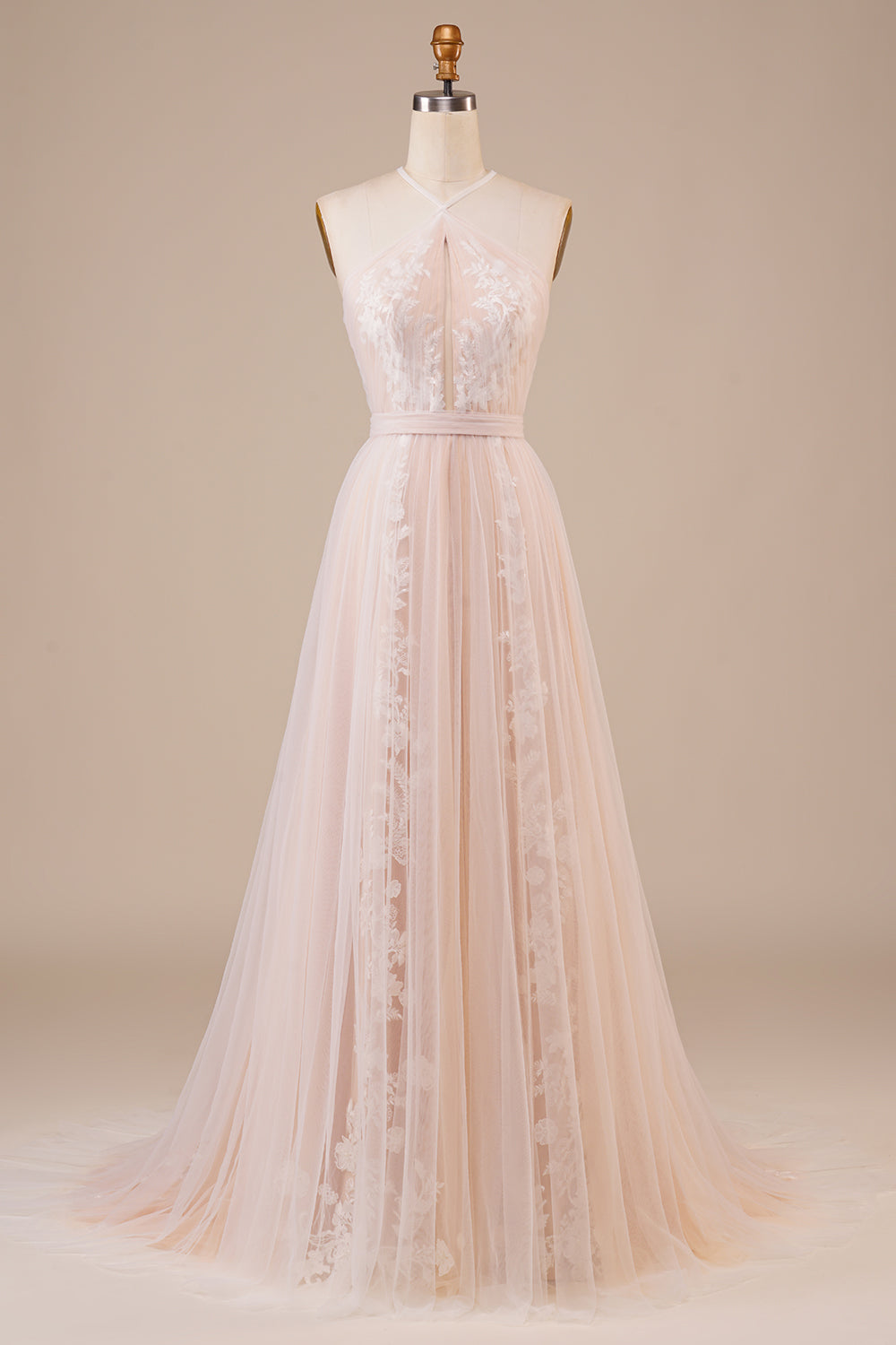 Tulle Halter Keyhole Champagne Robe de mariée avec appliques