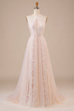 Tulle Halter Keyhole Champagne Robe de mariée avec appliques