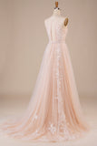 Tulle Halter Keyhole Champagne Robe de mariée avec appliques