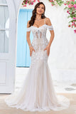 Robe de mariée sirène en tulle corset d’épaule froide avec appliques