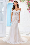 Robe de mariée sirène en tulle corset d’épaule froide avec appliques