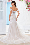 Robe de mariée sirène en tulle corset d’épaule froide avec appliques